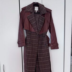 Avec Les Filles Plaid Faux-Leather Belted Trench Coat
